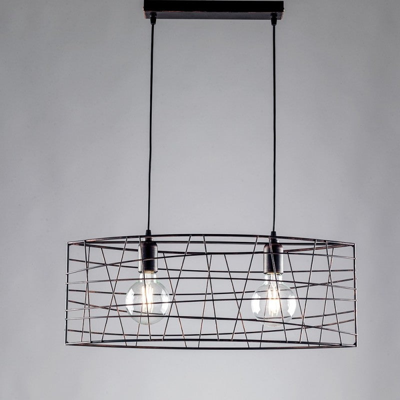 Lustre suspension industriel en fer Cuivre Noir à deux lumières 61x h25 cm