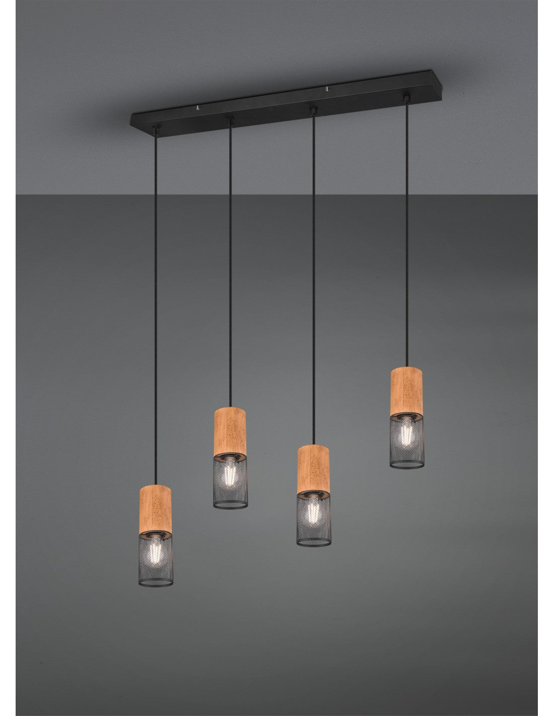 Tosh Suspension Noir 4xE27 Cage Bois Et Métal L65 cm Trio Luminaire