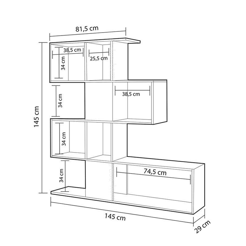 Etagère bibliothèque 4 niveaux 9 compartiments blanc et chêne 145x29xh.145 cm