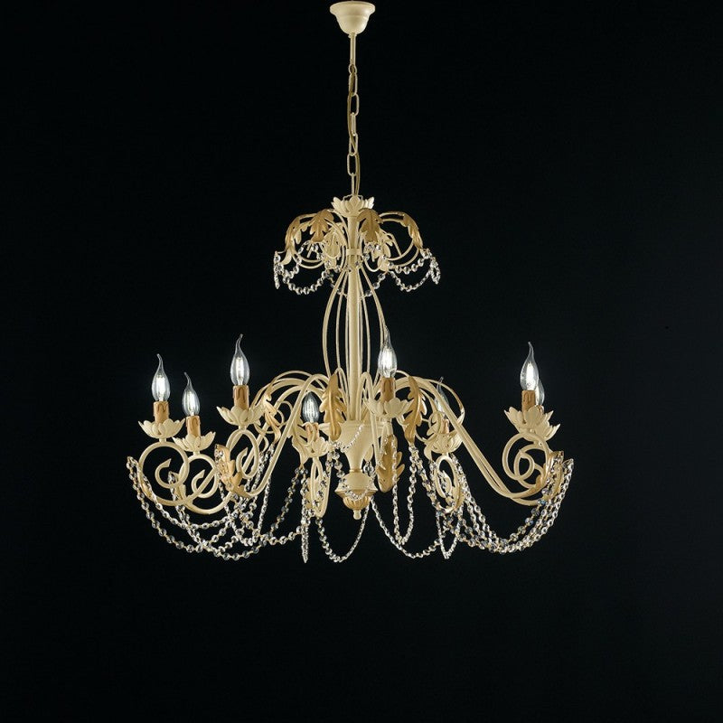 Lustre Décape ivoire et fer doré avec strass damas huit lumières 90x h70 cm