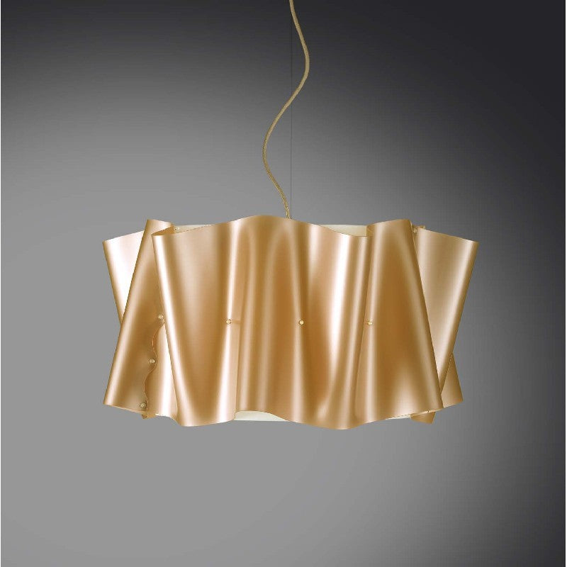 Lustre suspendu cinq lumières abat-jour FOLIO en Polilux Gold diamètre 60x h32 cm