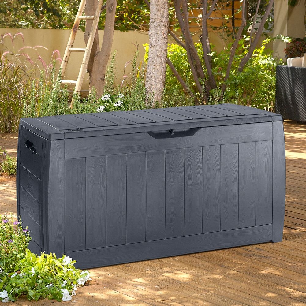 Malle Hollywood en résine finition graphite effet bois, verrouillable 117,5x45xh.57,3 cm