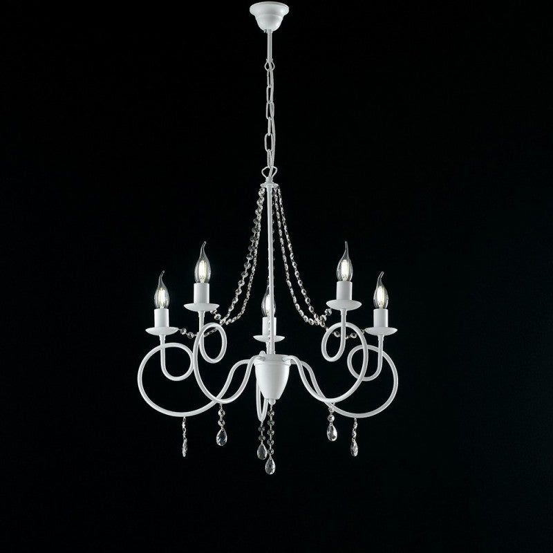 Lustre en fer blanc à cinq lumières, décoration strass shabby 58x h72 cm