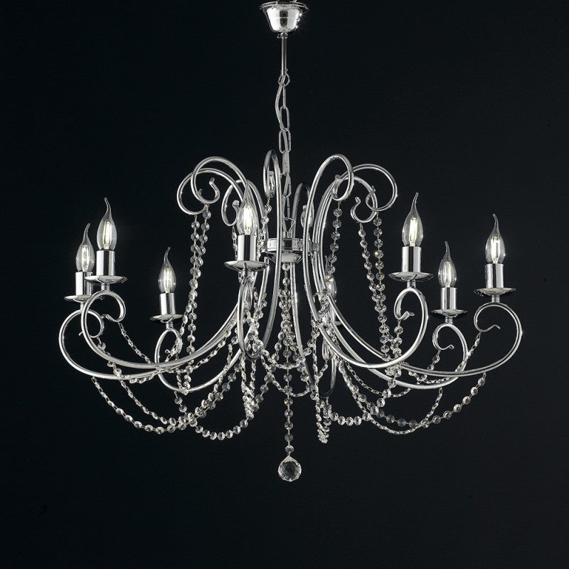 Lustre en fer chromé huit lumières avec strass 74x h58 cm