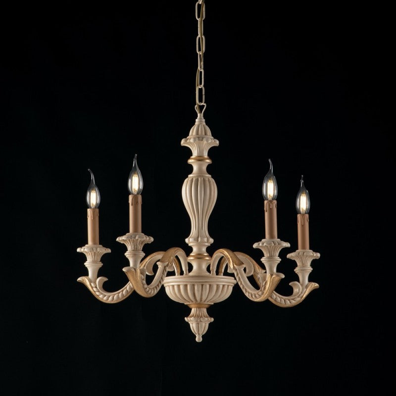 Lustre en bois ivoire et feuille d'or, cinq lumières, 53x h57 cm