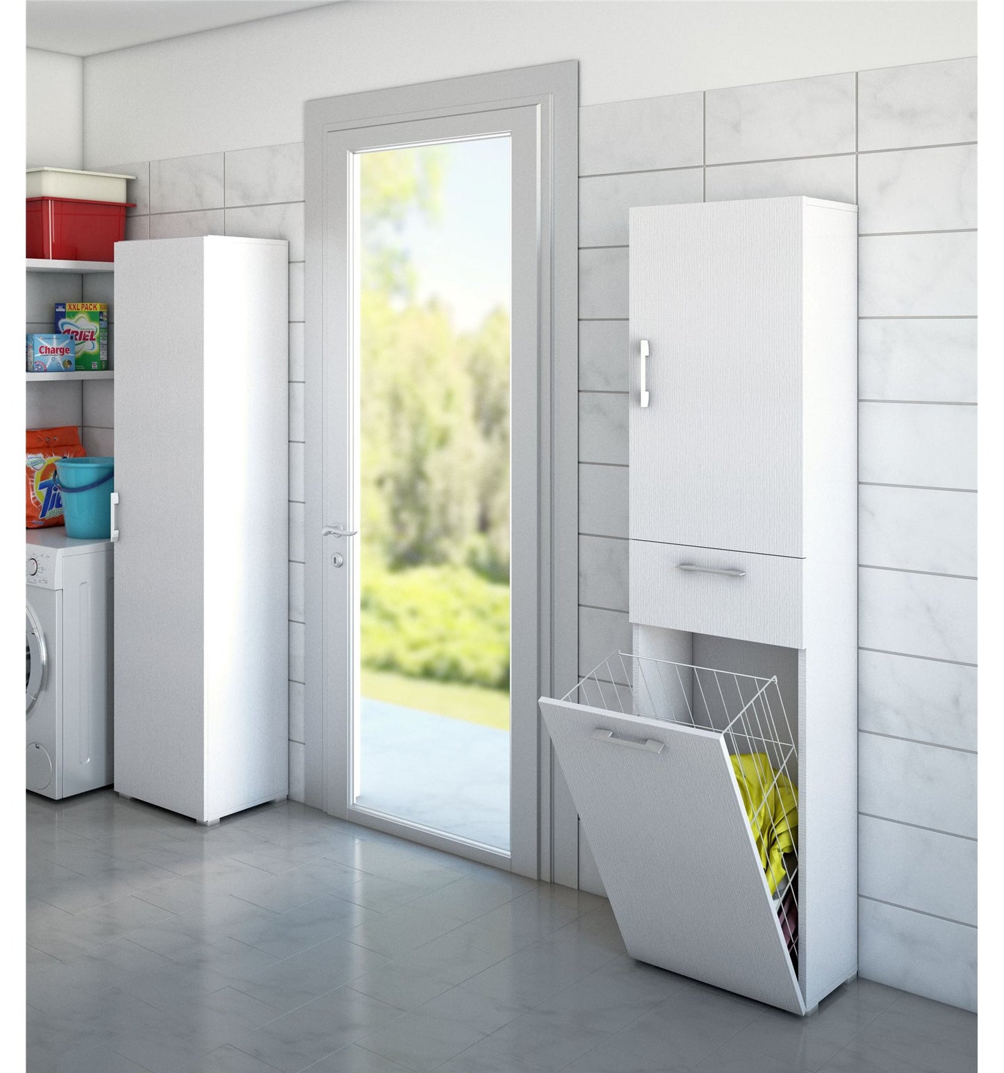 Armoire polyvalente avec panier à linge blanc