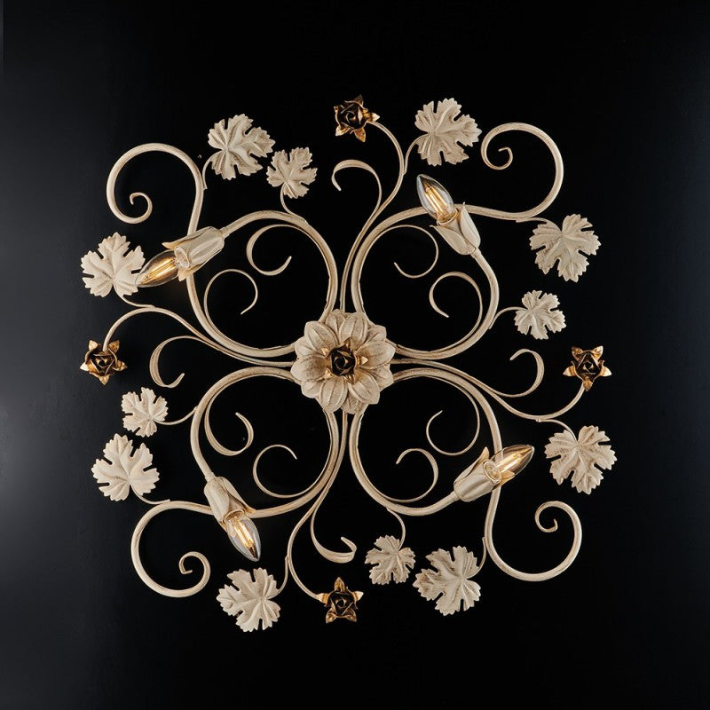 Plafonnier en fer ivoire mariné or rose quatre lumières 76x67x h17 cm