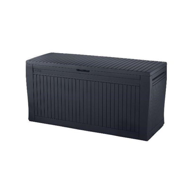 Malle en résine finition effet bois graphite avec roulettes 116,7x44,7xh.57 cm