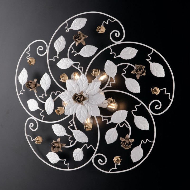 Plafonnier en fer laqué blanc décoration shabby, 5 lumières, 65 cm