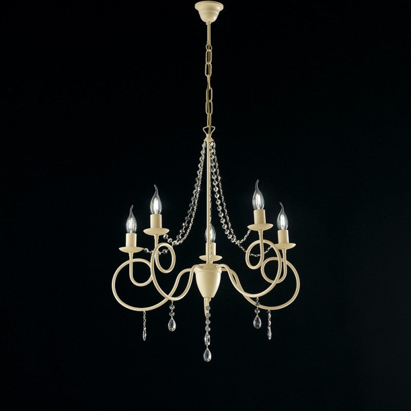 Lustre en fer ivoire à cinq lumières, décor décapé et strass, 58x h72 cm