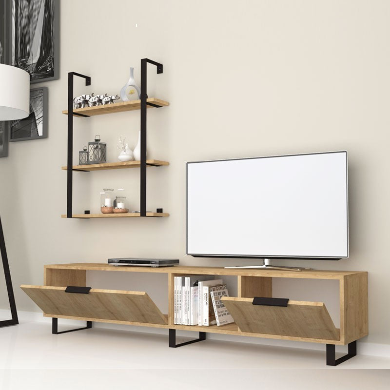 Meuble TV avec 2 abattants et bibliothèque 3 étagères en chêne 180x35xh.40 cm