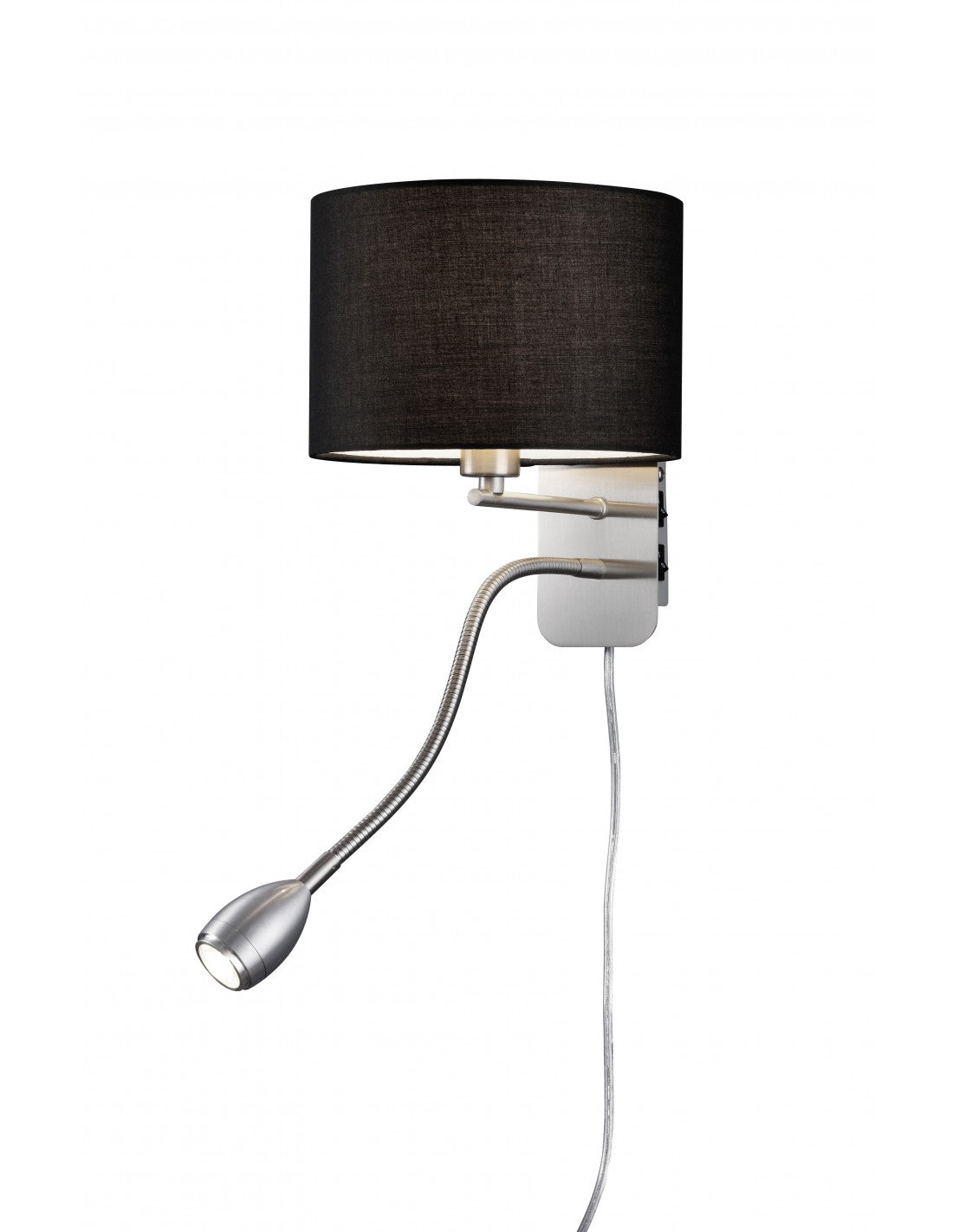 Applique Hôtel Nickel Et Abat-jour Rond Tissu Noir Avec Liseuse L20 cm Trio Lighting