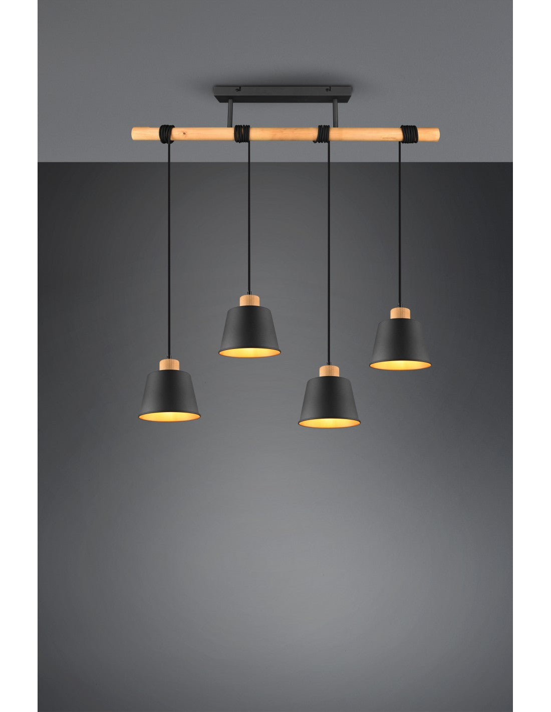Lustre Bar En Bois 4 Abat-jour Noir Or Harris Trio Lighting