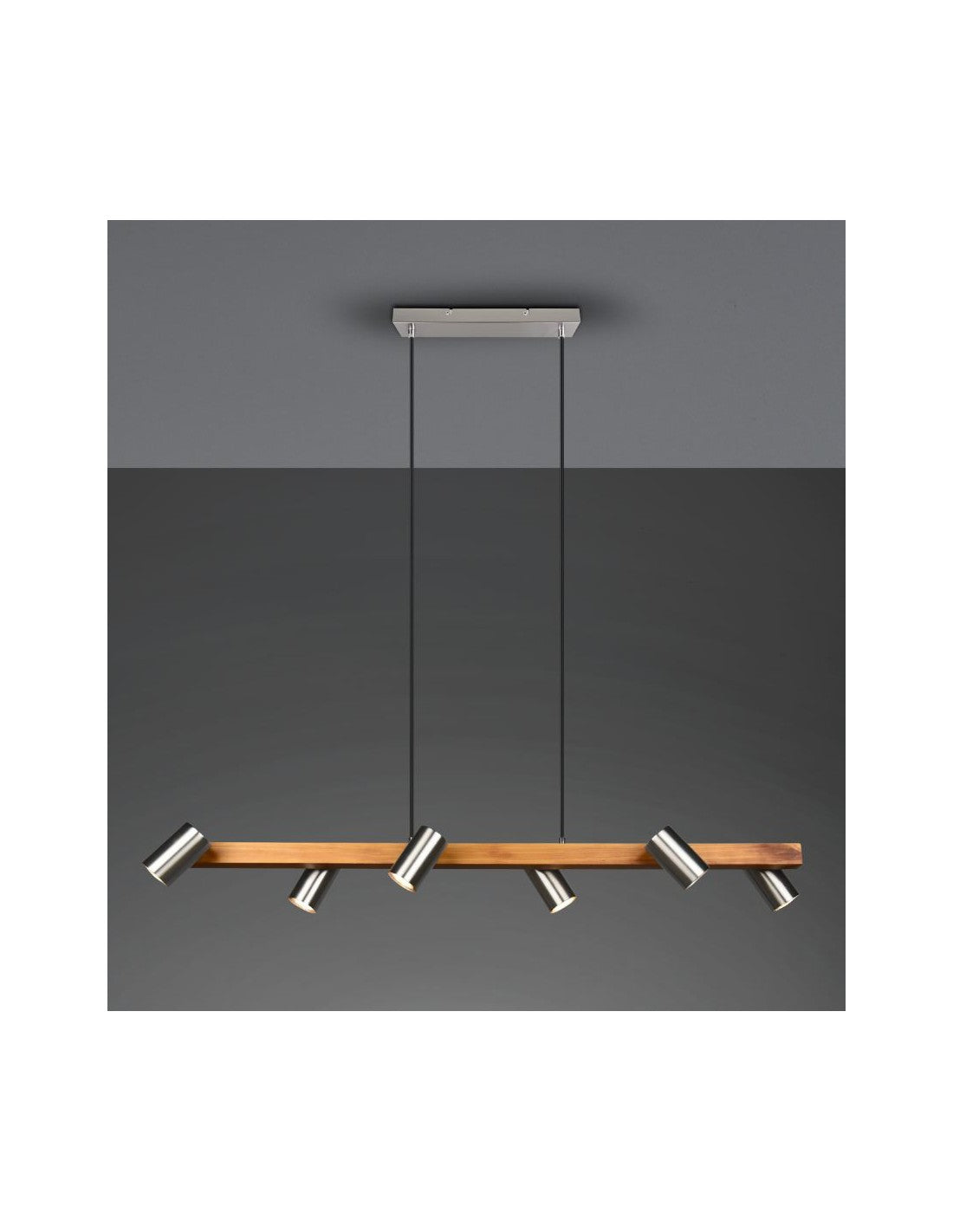Suspension îlot en bois 6 spots cylindriques réglables en nickel Marley Trio Lighting