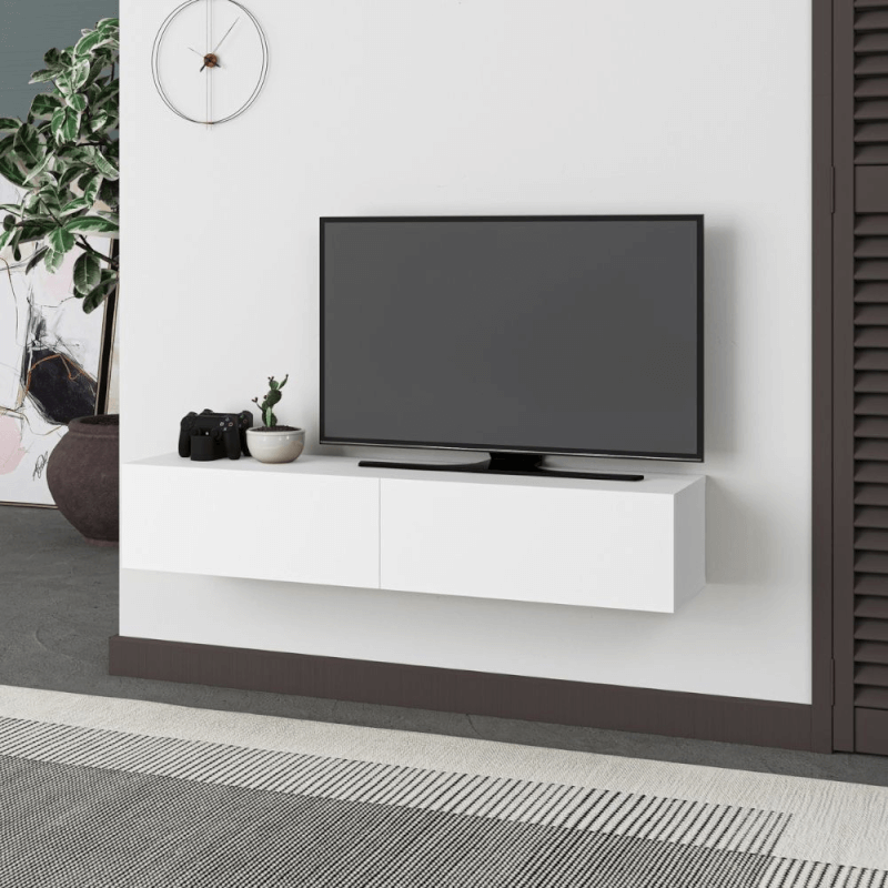 Meuble TV suspendu blanc Francy avec portes abattantes