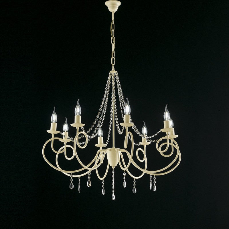 Lustre en fer ivoire à huit lumières, décor décapé et strass, 80x h75 cm