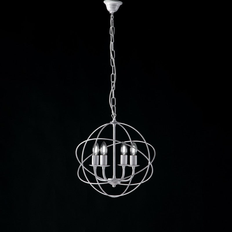 Déco suspension lustre fer Blanc Argent quatre lumières 39x h42 cm