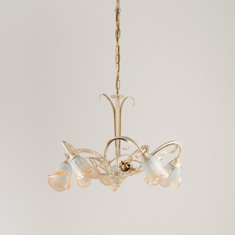 Lustre suspension en fer rose ivoire doré à cinq lumières 60x h47 cm