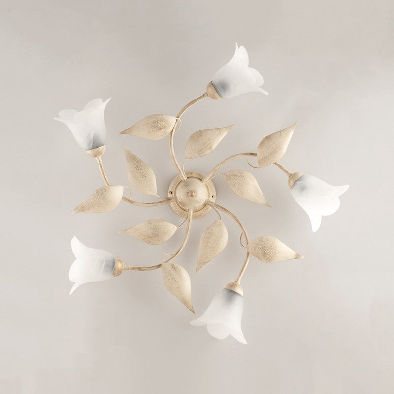 Plafonnier en fer Ivoire Or à cinq lumières en verre Albâtre Blanc 70x h20 cm