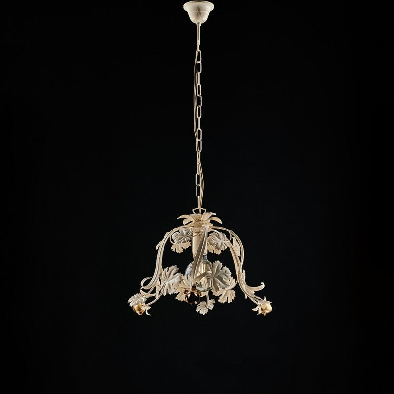 Lustre suspension en fer décapé ivoire et roses dorées, une lumière 47x h31 cm