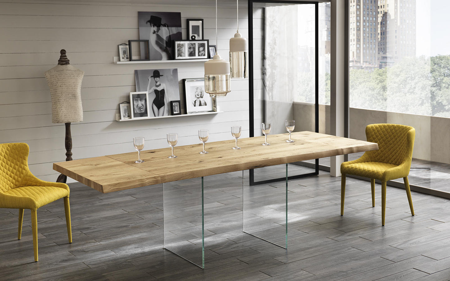 Table extensible en placage chêne et plateau en chêne naturel 200/300x100 cm