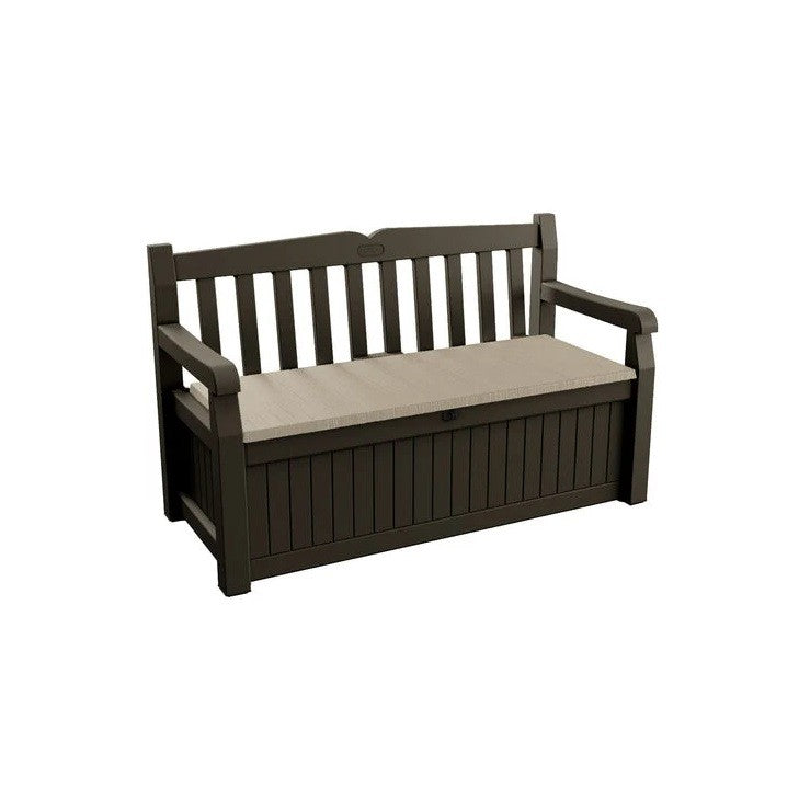 Coffre en résine finition effet bois, marron avec assise beige 140x60xh.84 cm