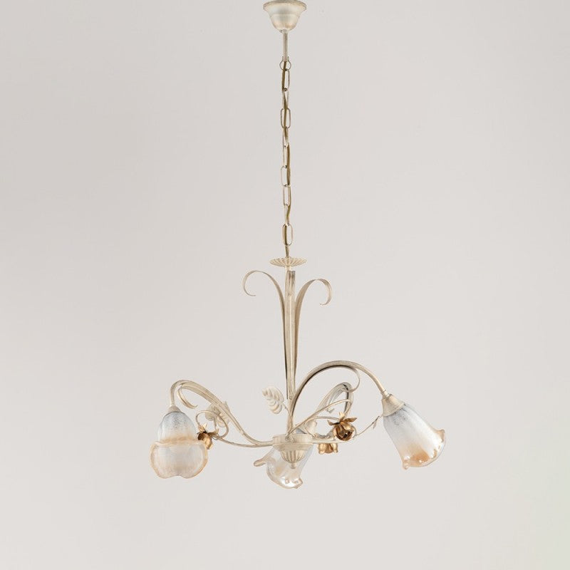 Lustre suspension en fer rose ivoire doré à trois lumières 54x h43 cm