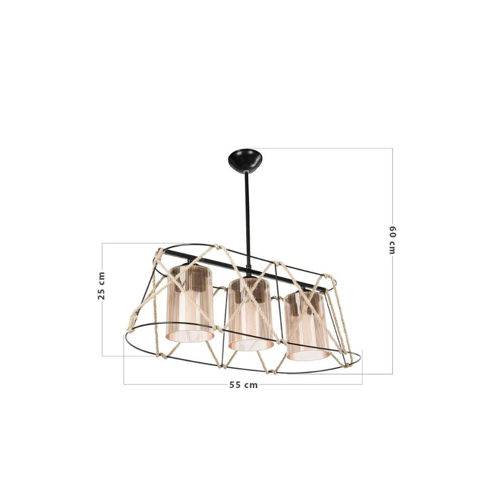 Gezegen ASZ0986 suspension 3 lumières, métal noir et corde