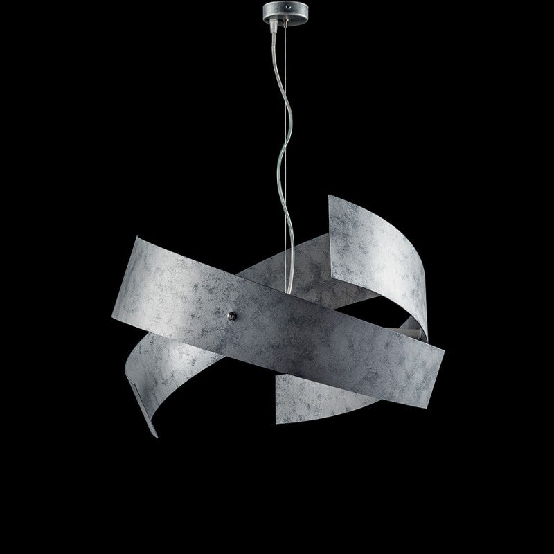 Suspension industrielle en fer laqué décor argenté, 3 lumières 57xh.28 cm