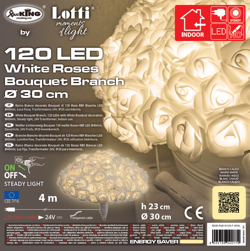 Bouquet Roses RBF Blanches 120 LED 4m + Ø30cm