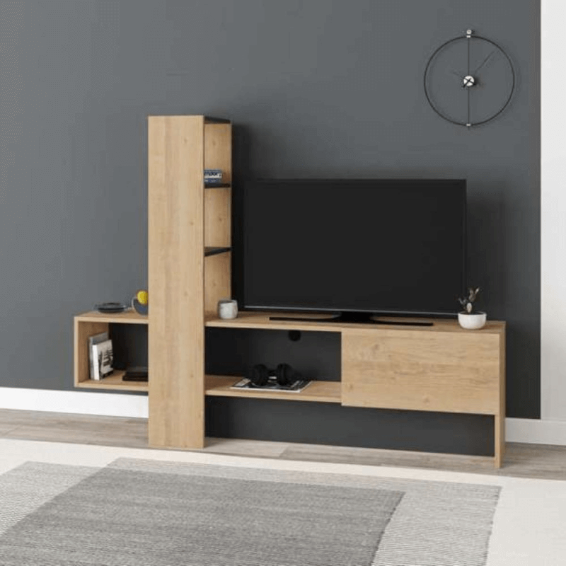 Meuble TV Troya en chêne anthracite avec porte abattante