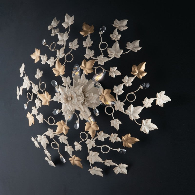 Plafonnier en fer Ivoire Light Gold et strass six lumières 80x h22 cm lierre