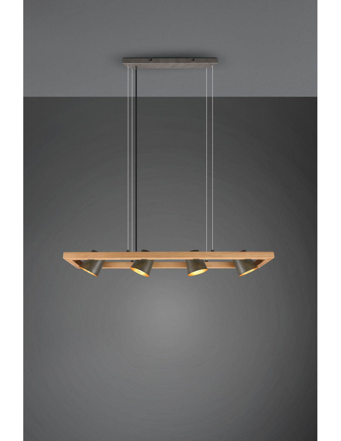 Lustre Suspension Rectangulaire 4 Spots Orientables Bois et Métal Nickel Cloche Trio Éclairage