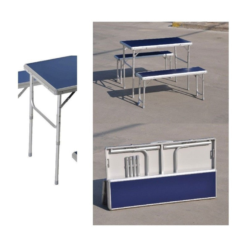 Ensemble pique-nique en aluminium et MDF, une table et deux bancs pliants dans une valise