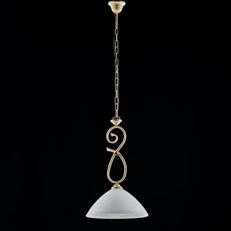 Lustre en fer décapé ivoire une lumière abat-jour en verre d'albâtre blanc 30x h52 cm