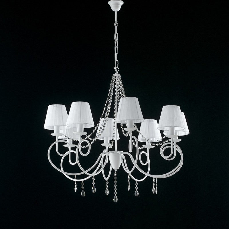Lustre en fer blanc huit lumières à décoration shabby et abat-jour blancs 90x h75 cm