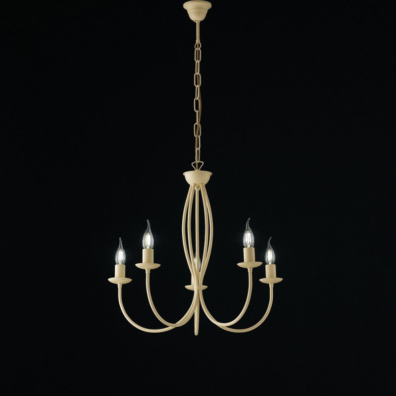 Lustre en fer décapé ivoire à cinq lumières 55x h53 cm