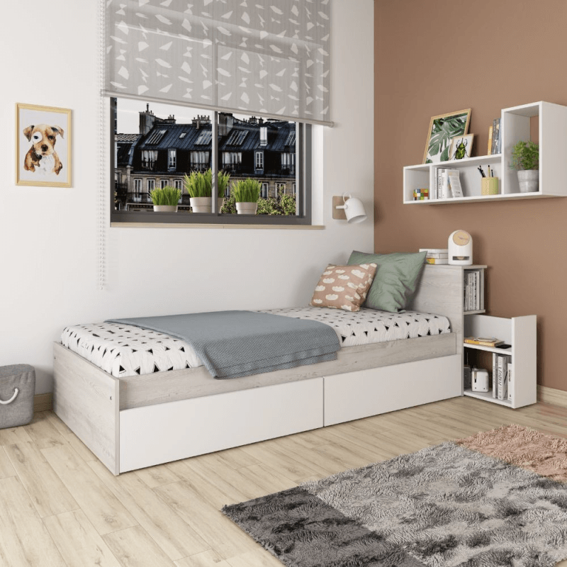 Lit simple 1666 vintage blanc et blanc avec chevet amovible