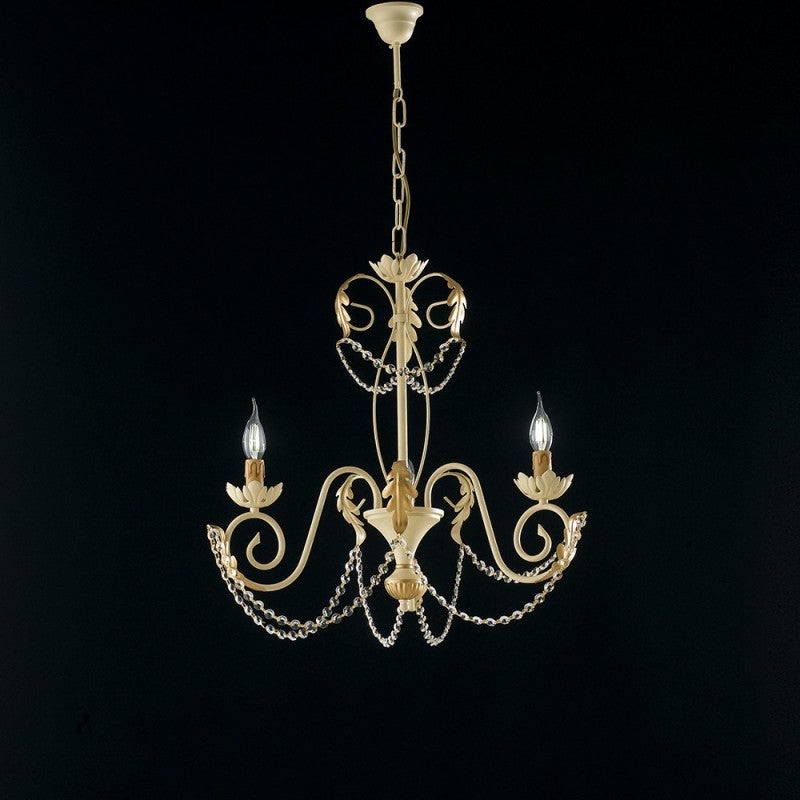 Lustre en fer doré Décape Ivoire avec strass damas trois lumières 47x h60 cm