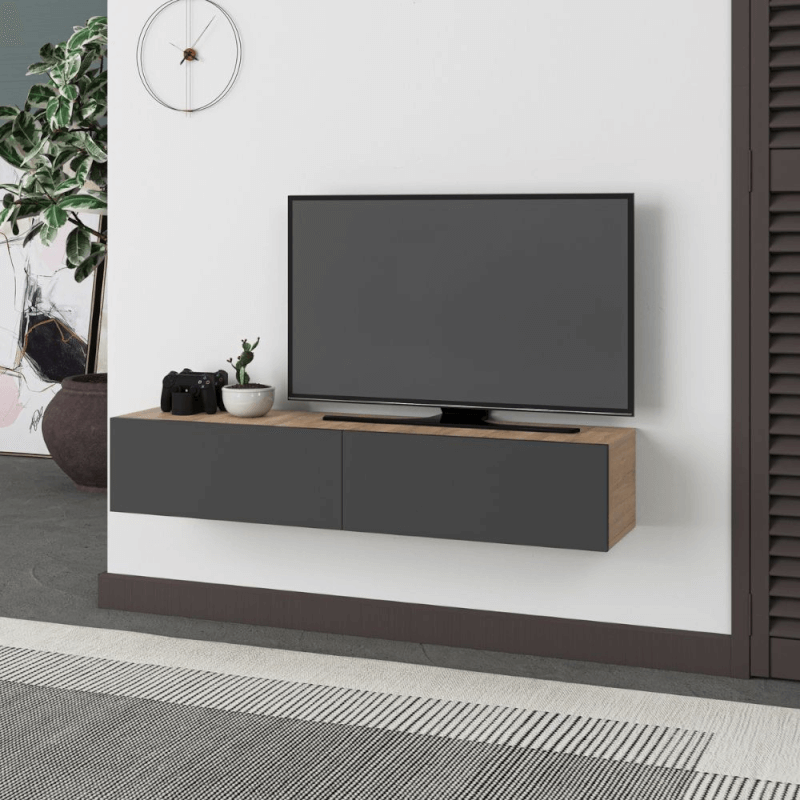 Meuble TV suspendu Francy en chêne anthracite avec portes abattantes