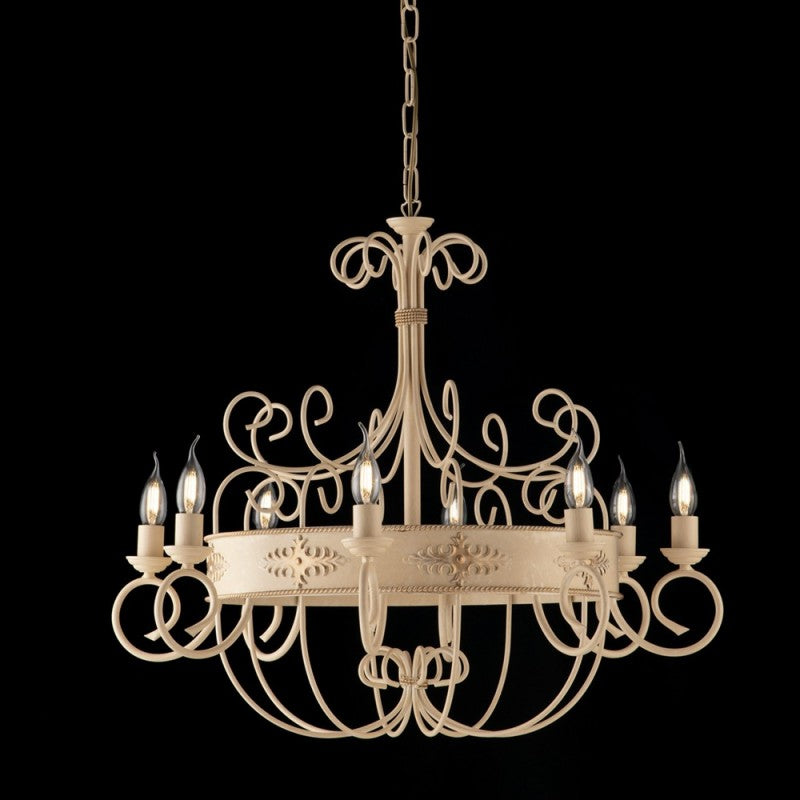 Lustre en fer laqué ivoire à décor décapé, 8 lumières à frises