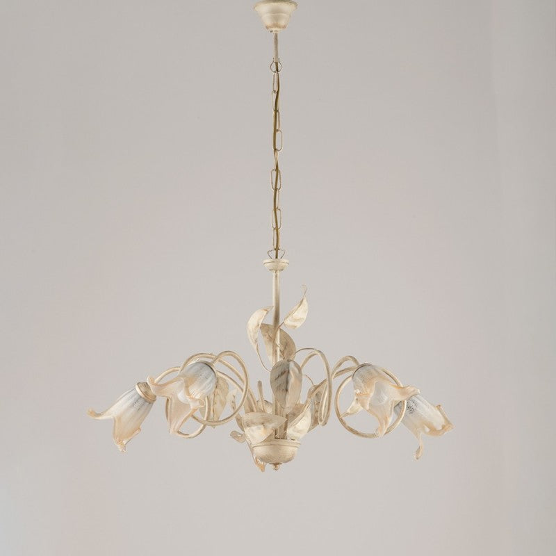 Lustre en fer Ivoire Or Verre Blanc Ambre cinq lumières 73x h43 cm