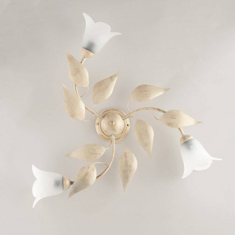 Plafonnier en fer Ivoire Or à trois lumières en verre Albâtre Blanc 67x h20 cm