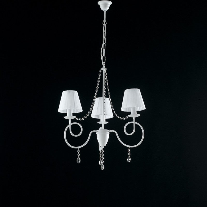 Lustre en fer blanc à trois lumières, décoration shabby, abat-jour blancs 60x h67 cm