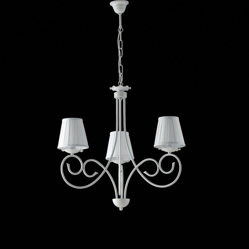 Lustre suspension en fer shabby blanc avec abat-jour blancs trois lumières 50x h60 cm