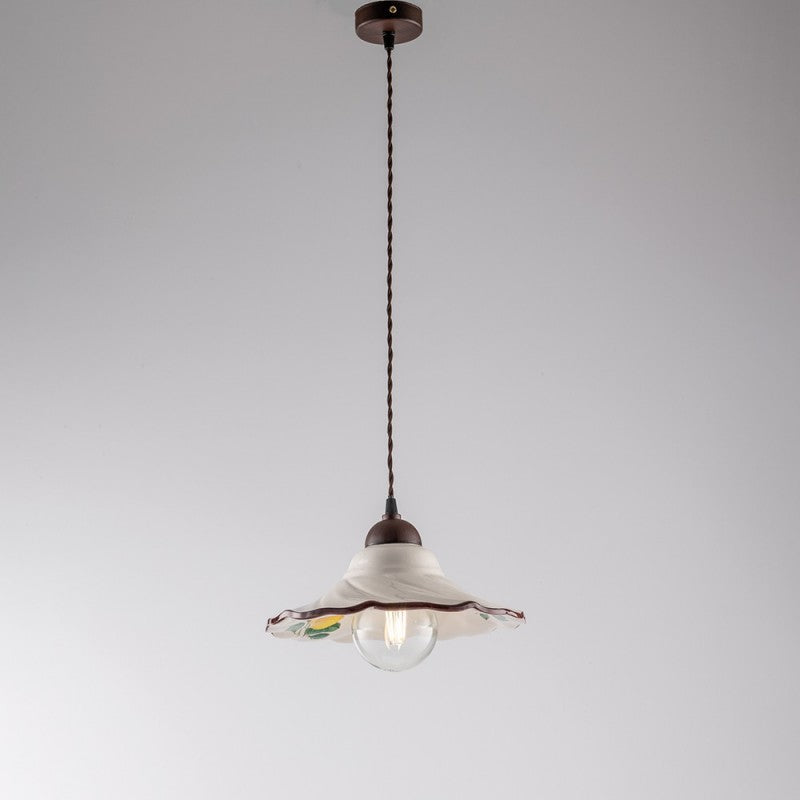 Lustre Cable en tissu Noir Rouille une lumière abat-jour en Céramique Blanche 30x h15 cm