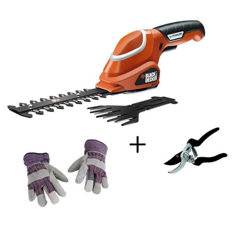 Kit taille-haie à batterie Black and Decker, gants de jardinage et cisailles
