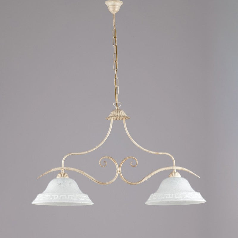 Lustre classique en fer Ivoire Or avec verre Blanc deux lumières 85x h51 cm