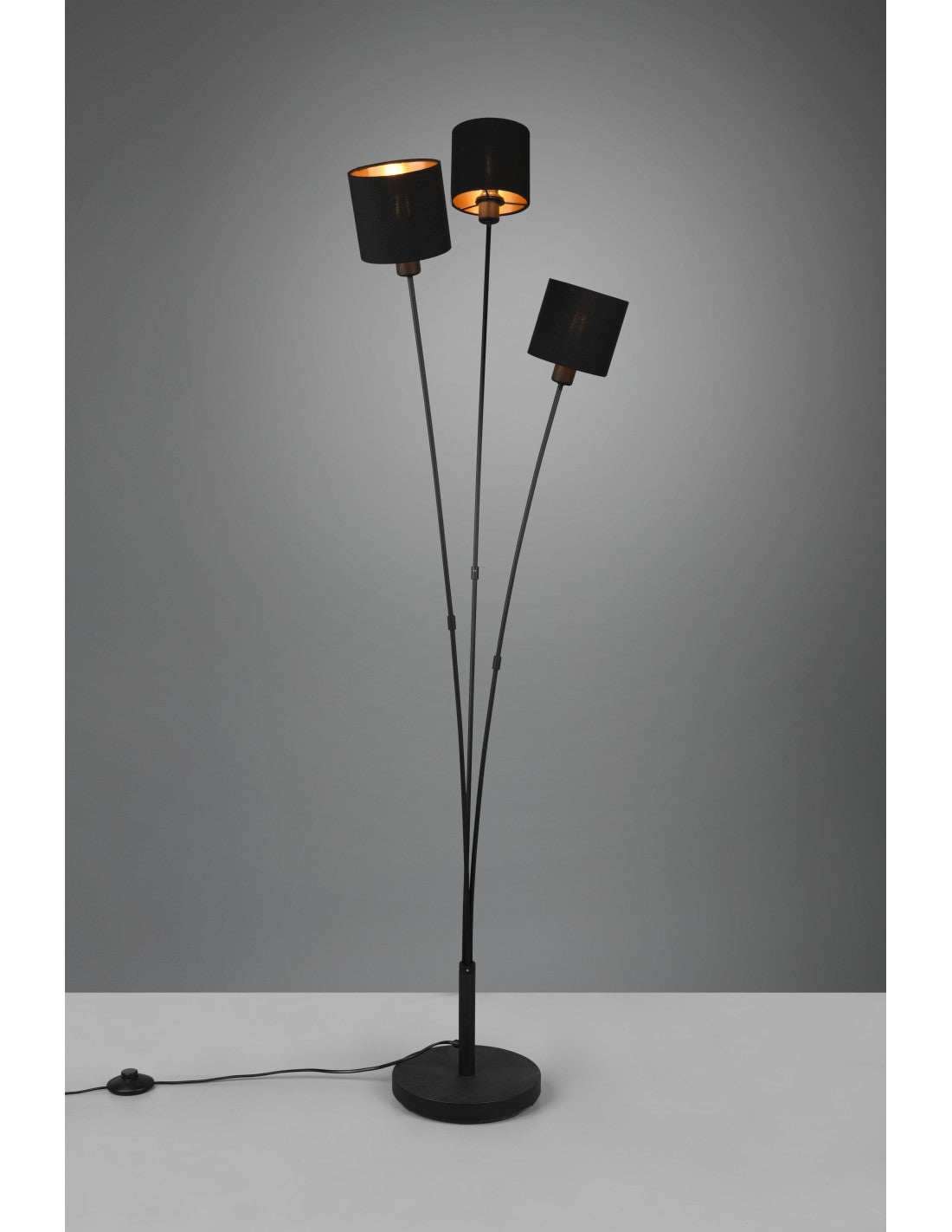 Lampadaire Tommy 3 Abat-jour Tissu Noir et Doré Trio Lighting