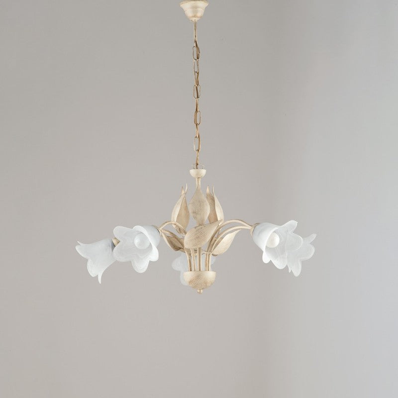 Lustre en fer Ivoire Or à cinq lumières en verre Albâtre Blanc 68x h43 cm